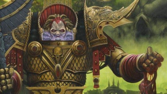 Warhammer 40k World Eaters - illustration by Games Workshop, a sinister warrior in golden armour
