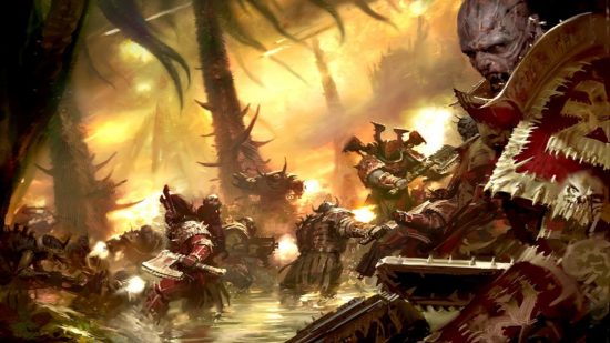 Warhammer 40k World Eaters - art by Games Workshop, a horde of red-armoured warriors in an alien spaceshipl