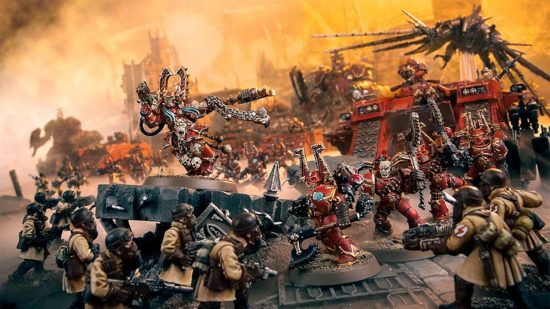 Warhammer 40k World Eaters - model diorama by Games Workshop, soldiers in gas masks and trench cloaks are overwhelmed by a horde of much larger, red-armoured warriors, wielding close range weaponry