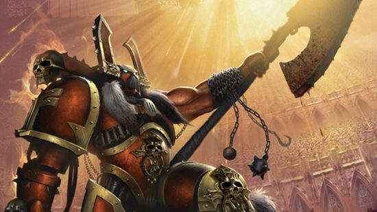 Warhammer 40k World Eaters are by Games Workshop, showing Kharne the Betrayer, a huge warrior in red and gold armour, his left arm bare, wielding an enormous axe
