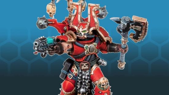 Warhammer 40k World Eaters - model by Games Workshop, a red-armoured warrior in baroque armour wielding an axe and plasma pistol