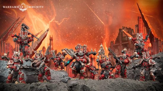 Warhammer 40k World Eaters models diorama by Games Workshop - a squad of World Eaters Chaos Space Marines, clad in red armour and wielding pistols and chainsaw axes, run towards the viewer