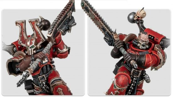 Warhammer 40k World Eaters - model by Games Workshop, two red-armoured warrior wielding giant, two handed chainsaw weapons