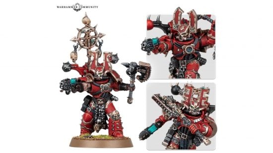 Warhammer 40k World Eaters model by Games Workshop, three views of similar red-armoured warriors wielding chainsaw axes and holding energy pistols