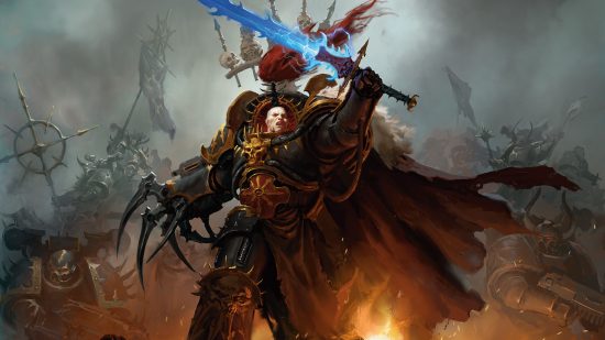What is Warhammer 40k - artwork by Games Workshop and Wizards of the Coast of Abaddon the Despoiler, a mighty chaos warlord wearing black power armour, wielding a lethal claw and a daemonic blade