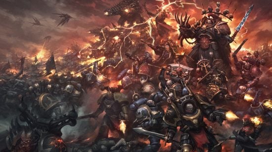 What is Warhammer 40k - illustration by games Workshop, hordes of Chaos Space Marines overwhelm the lines of loyalists