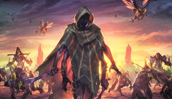 4X games - a four armed hooded figure, with insectoid creatures behind them
