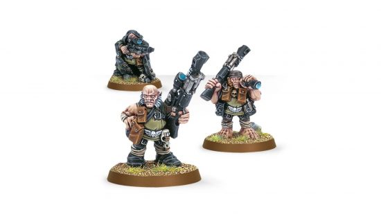 Warhammer 40k points update - product photograph by Games Workshop of three ratling snipers, three short humanoids in military uniform carrying rifles.