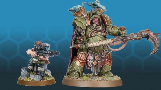 Warhammer 40k points update ratlings overcosted - product photographs by Games Workshop of a ratling sniper, a small humanoid with a rifle, facing off against a Deathshroud terminator, an eight-foot-tall, daemonically mutated, armour-clad warrior with a huge powerscythe