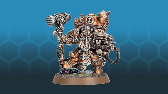 Warhammer store birthday miniature for 2023 - photograph by Games Workshop, a Kharadron Overlords dwarven admiral in all-enclosing powered armour, wielding a huge hammer and carrying a model sky vessel