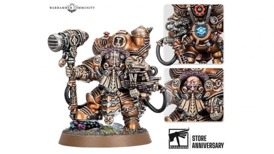 2023 Warhammer store birthday model - photograph by Games Workshop of a Kharadron Overlord model admiral in all-enclosing plate armour, carrying a huge hammer in one hand and a model sky-ship in the other