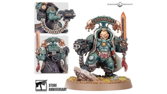 2023 Warhammer store birthday mini - photograph by Games Workshop of a Leagues of Votann commander, a dwarf with a twin-barrelled gun and a plasma-edged sword in powered armour