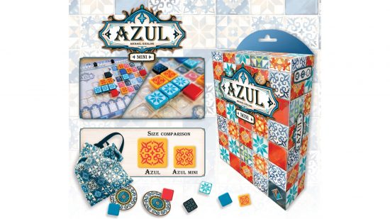 Azul mini graphic showing the box and a size comparison with the base game