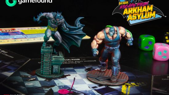 Batman Escape from Arkham Asylum Gamefound launch image of painted Batman and Bane minis