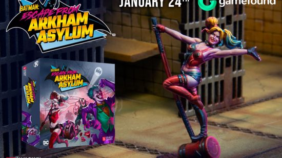 Batman Escape from Arkham Asylum Gamefound launch image of a painted Harley Quinn mini