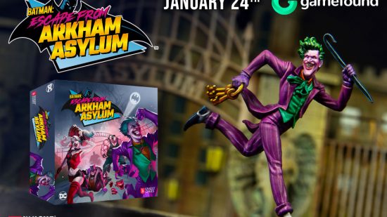 Batman Escape from Arkham Asylum Gamefound launch image of a painted Joker mini