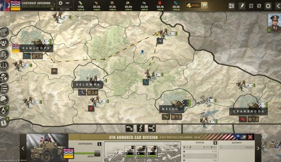Best free strategy games: Call of War: World War II. Image shows a large map with various military units available on it.
