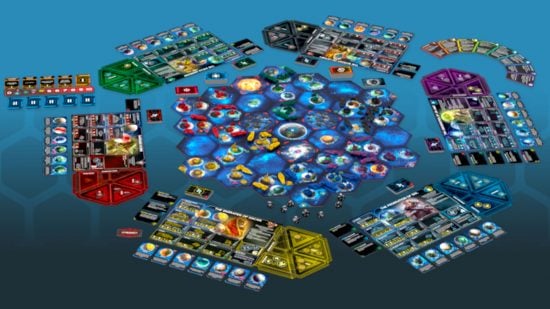 Best space board games guide - sales image of Twilight Imperium 4th ed set up with all pieces, on a blue hex background
