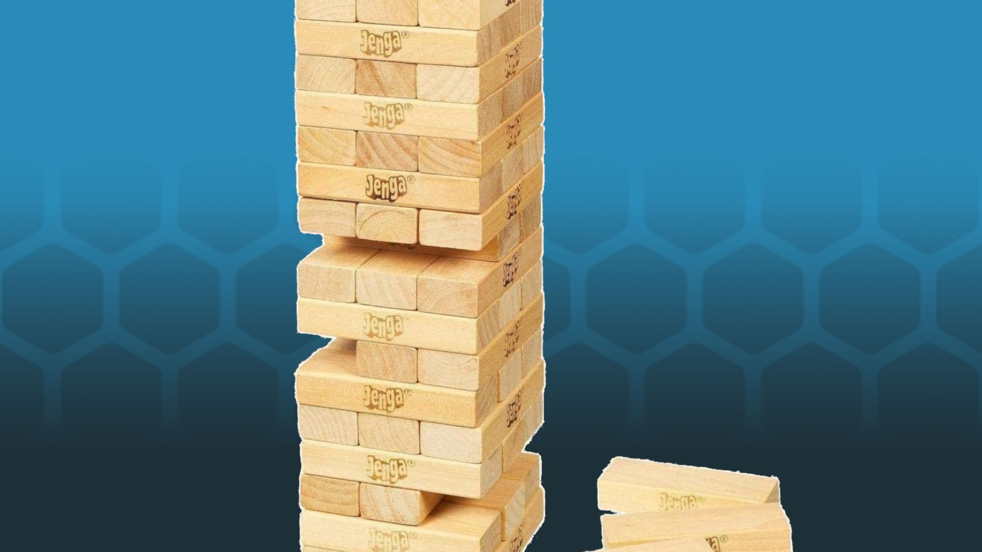 Board game types - Jenga tower on blue background