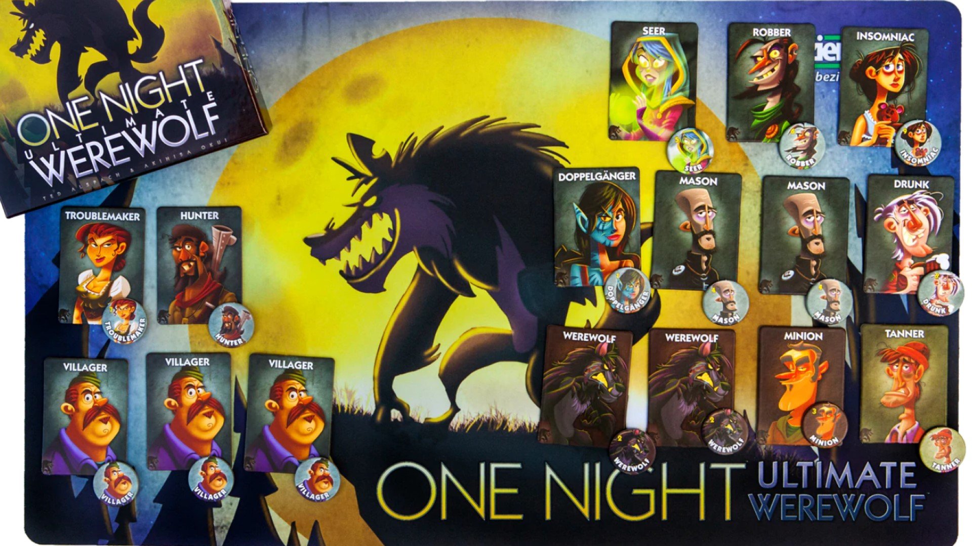 Board game types - One Night Ultimate Werewolf role cards on game mat