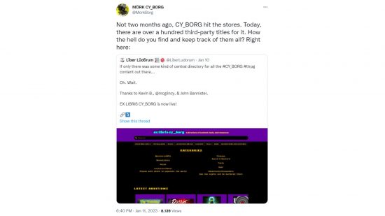 Cy_Borg 100 third-party titles - tweet from Mork Borg