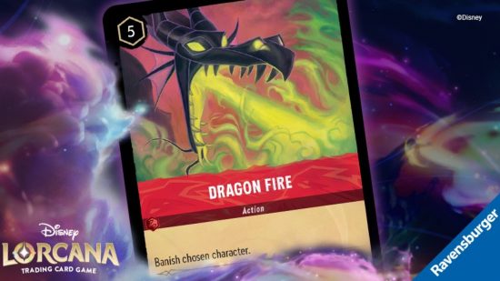 Disney Lorcana card game wish list - Ravensburger and Disney promotional image showing the Lorcana card Dragon Fire