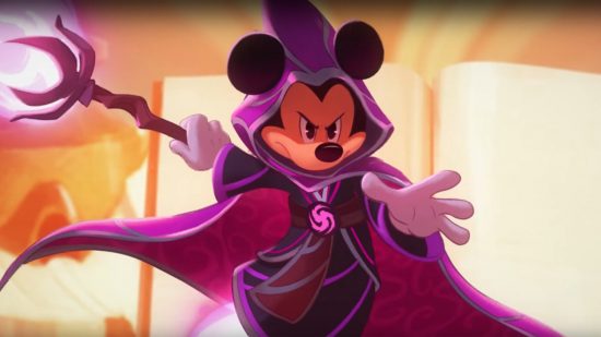 Disney Lorcana card game wish list - Ravensburger and Disney promotional image showing Mickey Mouse in a robe as the Sorcerer's Apprentice