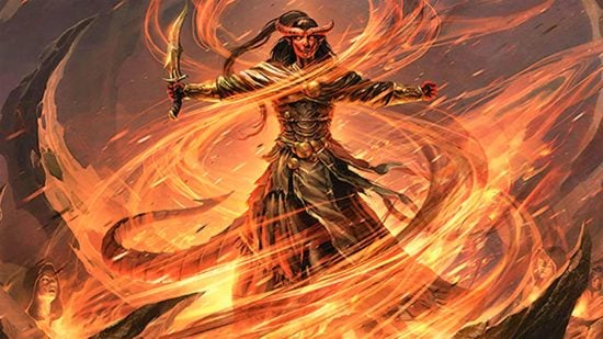DnD Hexblade Warlock 5e casting fire magic (art by Wizards of the Coast)