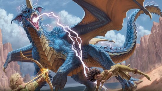 DnD OGL fan response: a blue dragon with lightning sparking towards an adventurer