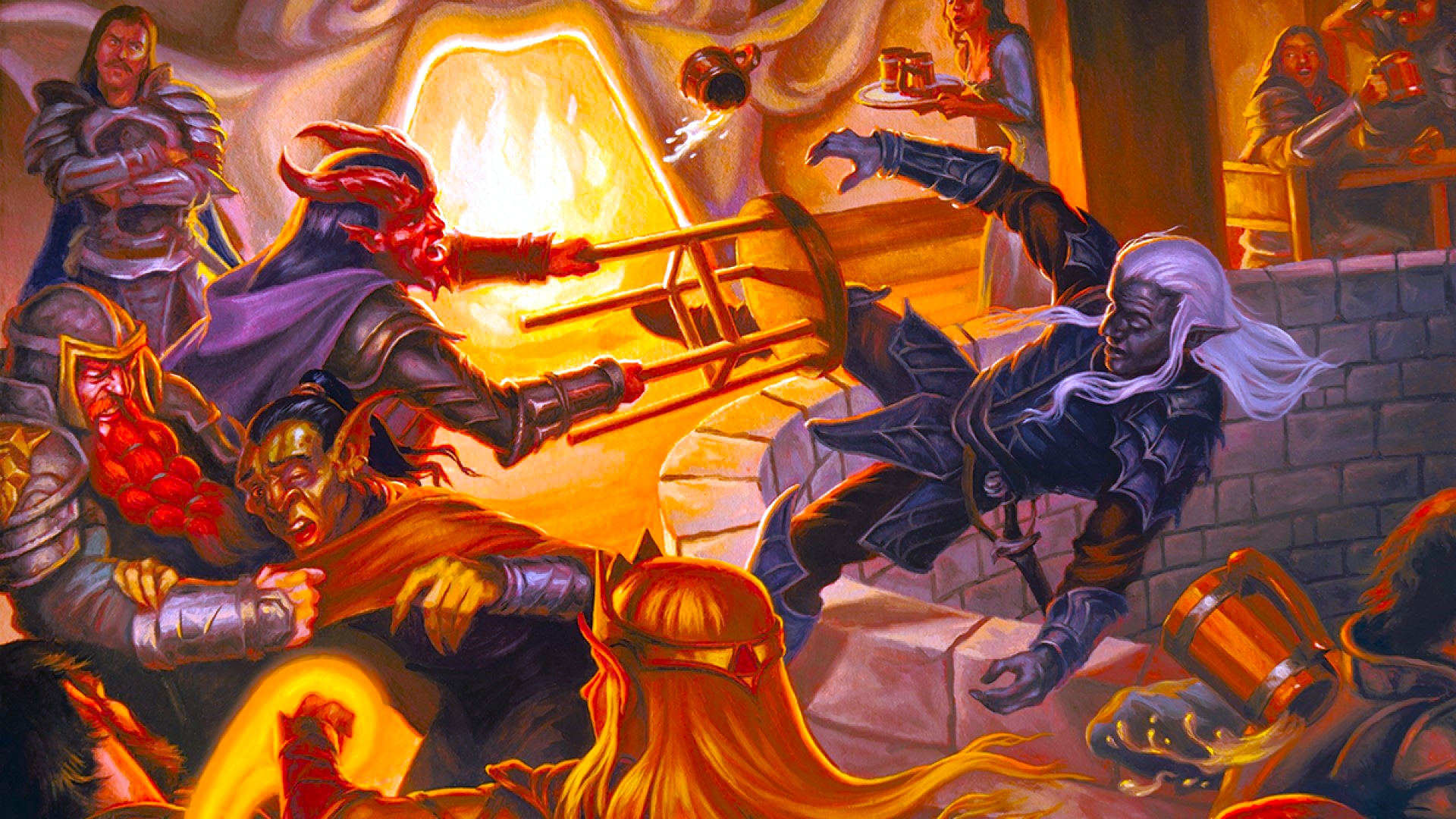 DnD OGL - Wizards of the Coast art of a fantasy bar brawl