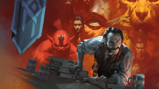 DnD OGL RPG - a man leaning on a table looking sinister, with faded faces floating behind him