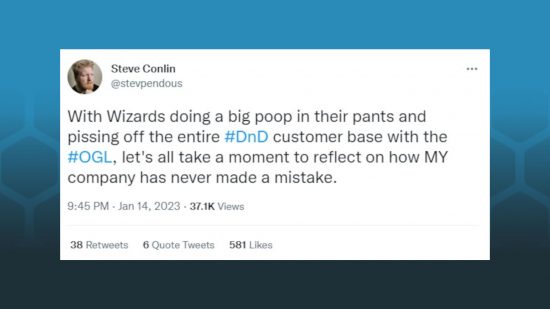 DnD OGL Wizards James Workshop poop tweet - screenshot of Steve Conlin's tweet about the Wizards of the Coast OGL and Games Workshop