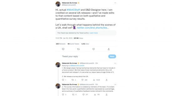 DnD playtest misinformation - tweets from Mackenzie De Armas