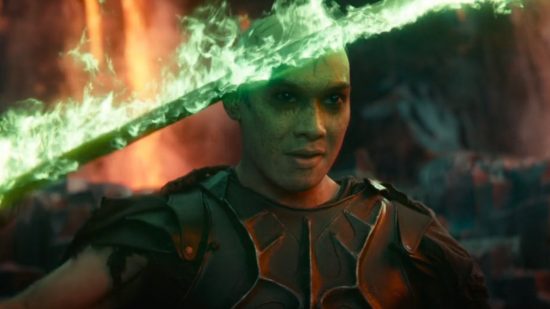 DnD TV show - an actor holding a green flame blade