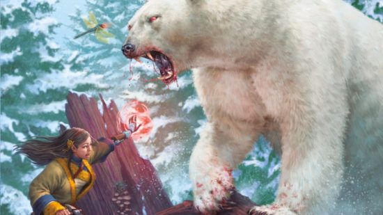 Frostgrave expansion the wildwoods cover art - a huge polar bear attacks a wizard