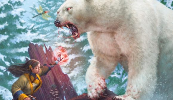 Frostgrave expansion the wildwoods cover art - a huge polar bear attacks a wizard