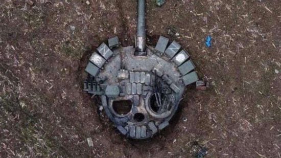 Games Workshop loses $2.4 million sales to Russia during war - drone photograph of the turret of a Russian T72-B3 tank, looking like a mechanical skull, taken by the Ukrainian 93rd mechanised brigade