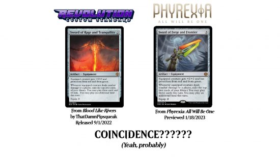 MTG Phyrexia All Will Be One sword - a poster showing similarities between a fan made card and an official design