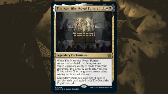 MTG card The Kenrith's Royal Funeral depicting a coffin.
