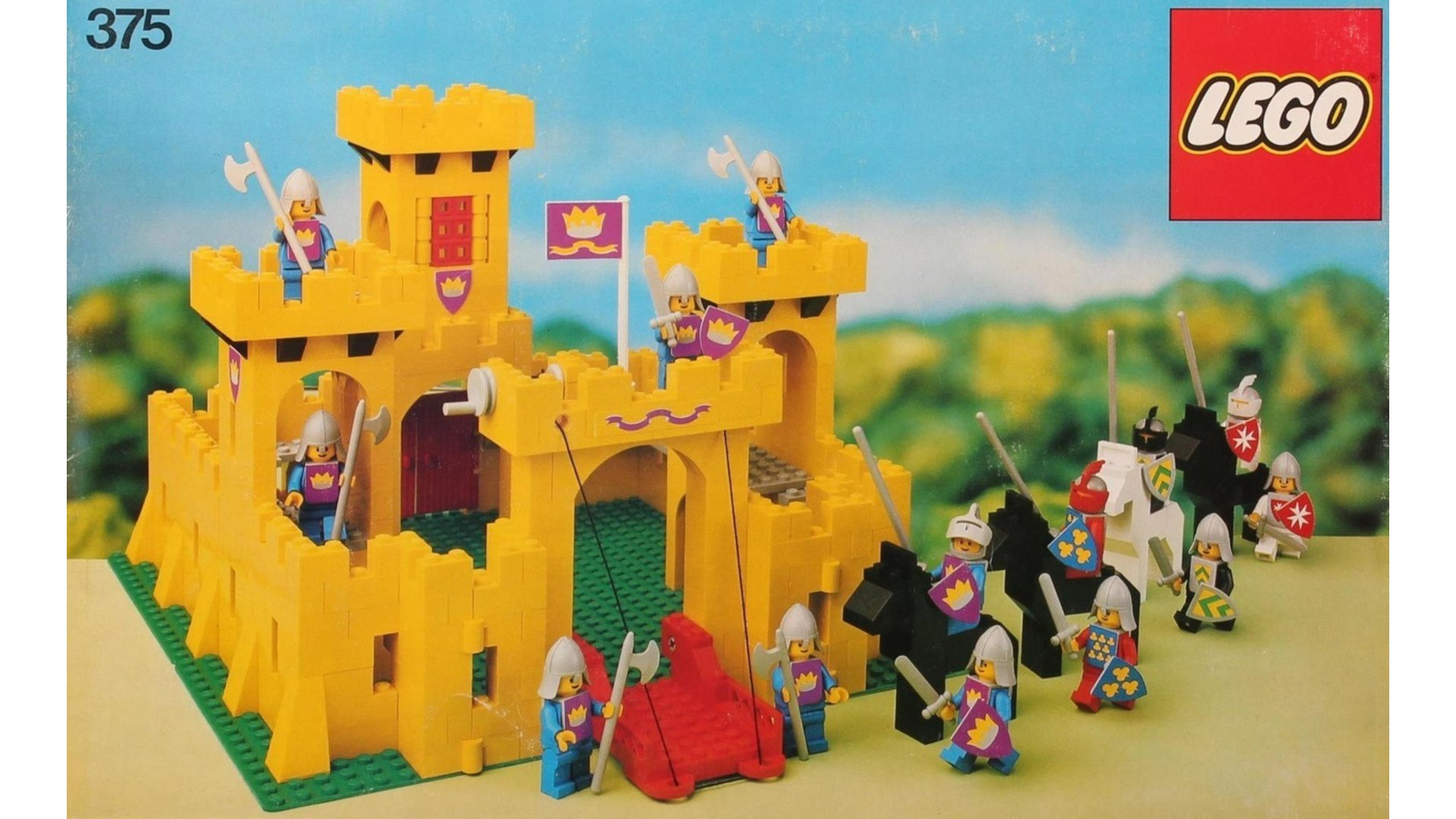 Most expensive LEGO sets guide - LEGO company box art for the 1978 LEGO Castle model showing the yellow castle, with figures for knights, soldiers, and horses