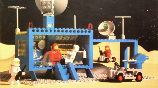 Most expensive LEGO sets guide - LEGO company image from Brickset.com showing a scan of the original box art for the LEGO Space Command Centre set, zoomed in to focus on the command centre building, rover, and figures.