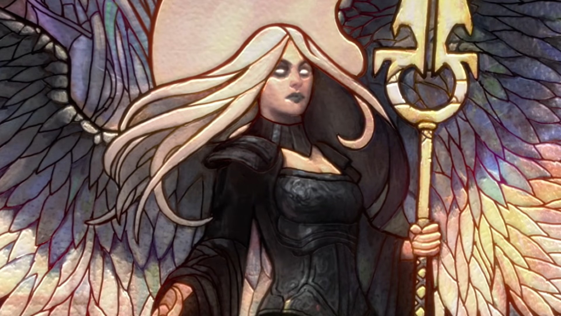 MTG 2023 release schedule - Wizards of the Coast art of a stained glass window of a dark angel
