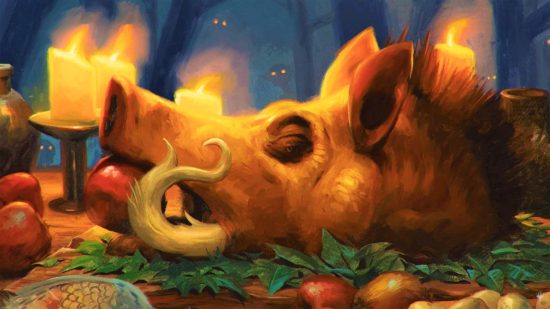 MTG designer ranks Food - Wizards of the Coast art of a roasted hog head with an apple in its mouth
