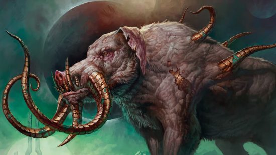 MTG Phyrexia All Will Be One artwork of a metal-enhanced boar