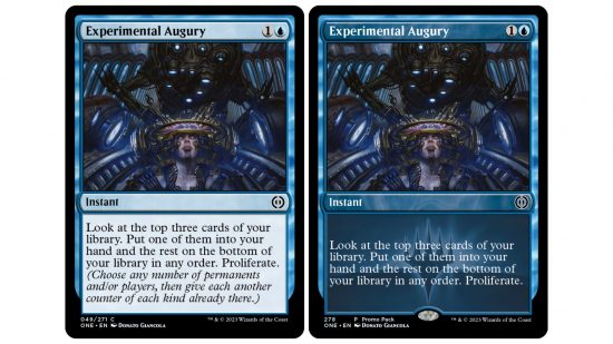 MTG Phyrexia no gore - Wizards of the Coast Magic card, Experimental Augury, shown in two variations
