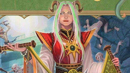 Pathfinder ability boost errata - Paizo art of a horned woman with green hair and white eyes