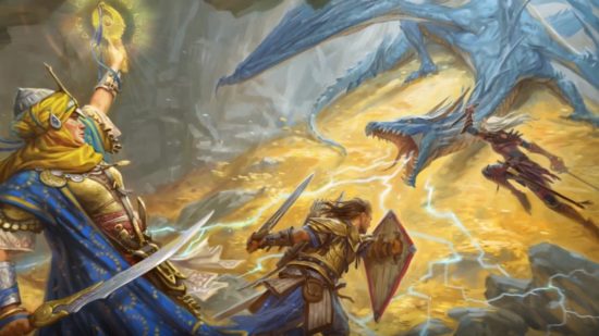 Pathfinder Paizo OGl - warriors fighting a dragon on a treasure horde.