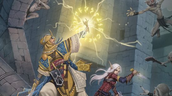 Pathfinder Paizo OGL - a warrior casting a holy spell while fighting a bunch of goblins