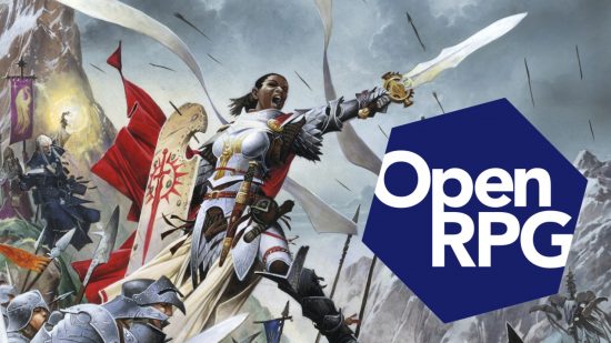 Pathfinder Paizo OGl- Pathfinder artwork of a warrior with a sword and an "Open RPG" logo