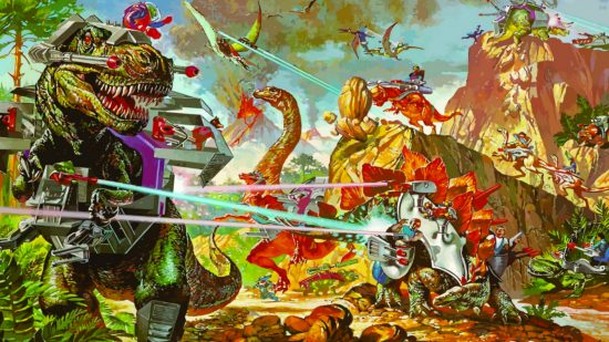 Warhammer 40k with 80s cartoon energy - key art from the Mattel toy Dino-Riders, showing a massed battle between dinosaurs covered in armour and lasers